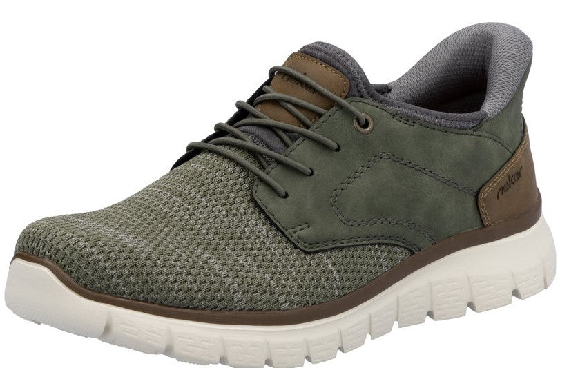 Olive green casual athletic shoe with mesh vamp, leather overlays, lace-up closure, and off-white textured sole.