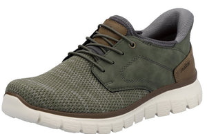 Olive green casual athletic shoe with mesh vamp, leather overlays, lace-up closure, and off-white textured sole.
