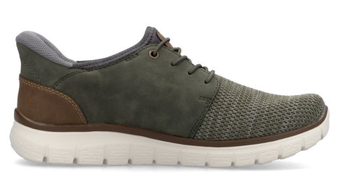 Olive green athletic shoe with brown accents, laces, and a white sole.