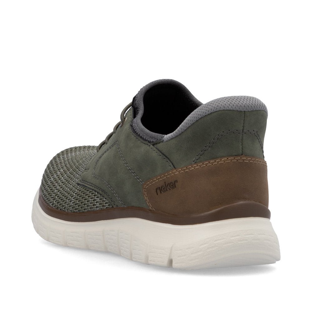 Olive-colored athletic shoe with a white sole, brown accents, and grey lining.