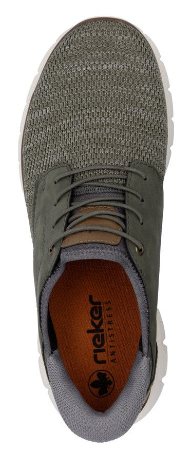 Overhead view of a casual shoe with a textile upper, lace-up closure, and a visible insole with the text "rieker ANTISTRESS".