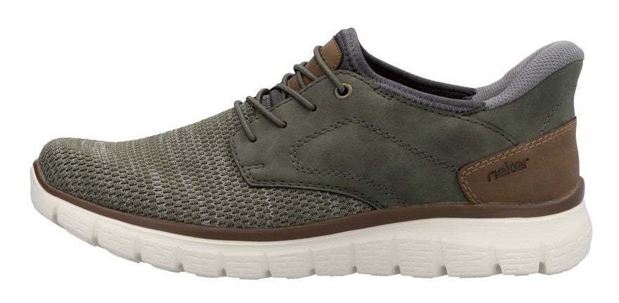 A lace-up shoe with a green and brown upper and a white sole.