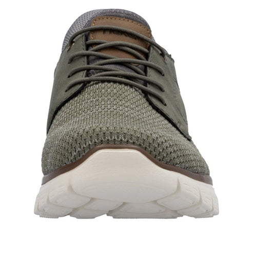 Low-top sneaker featuring an olive knit upper, a brown leather trim, a lace-up closure, and a white rubber sole.