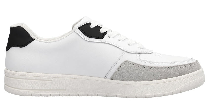 White sneaker with black accents and a grey suede toe overlay.
