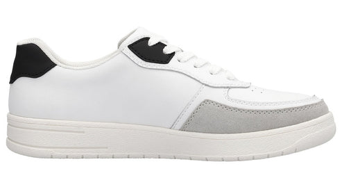 White sneaker with black accents and a grey suede toe overlay.