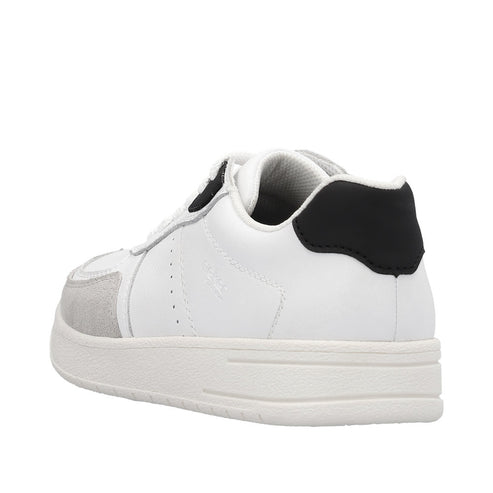 A white leather sneaker with a gray suede accent on the side and a black heel counter.