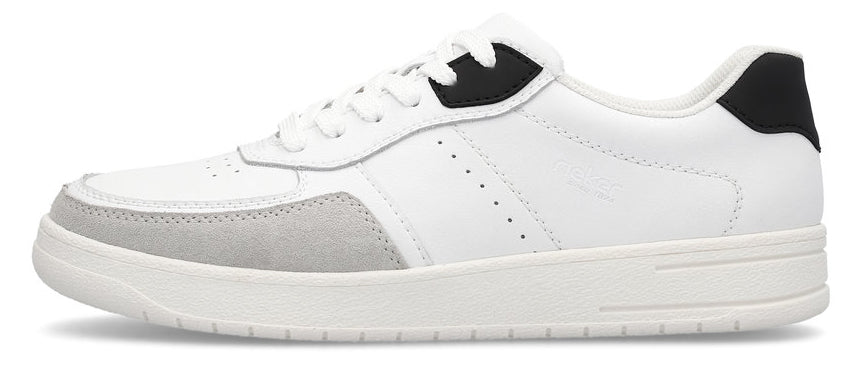 White sneaker with gray and black accents, white laces, and a thick, white sole.