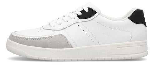 White sneaker with gray and black accents, white laces, and a thick, white sole.