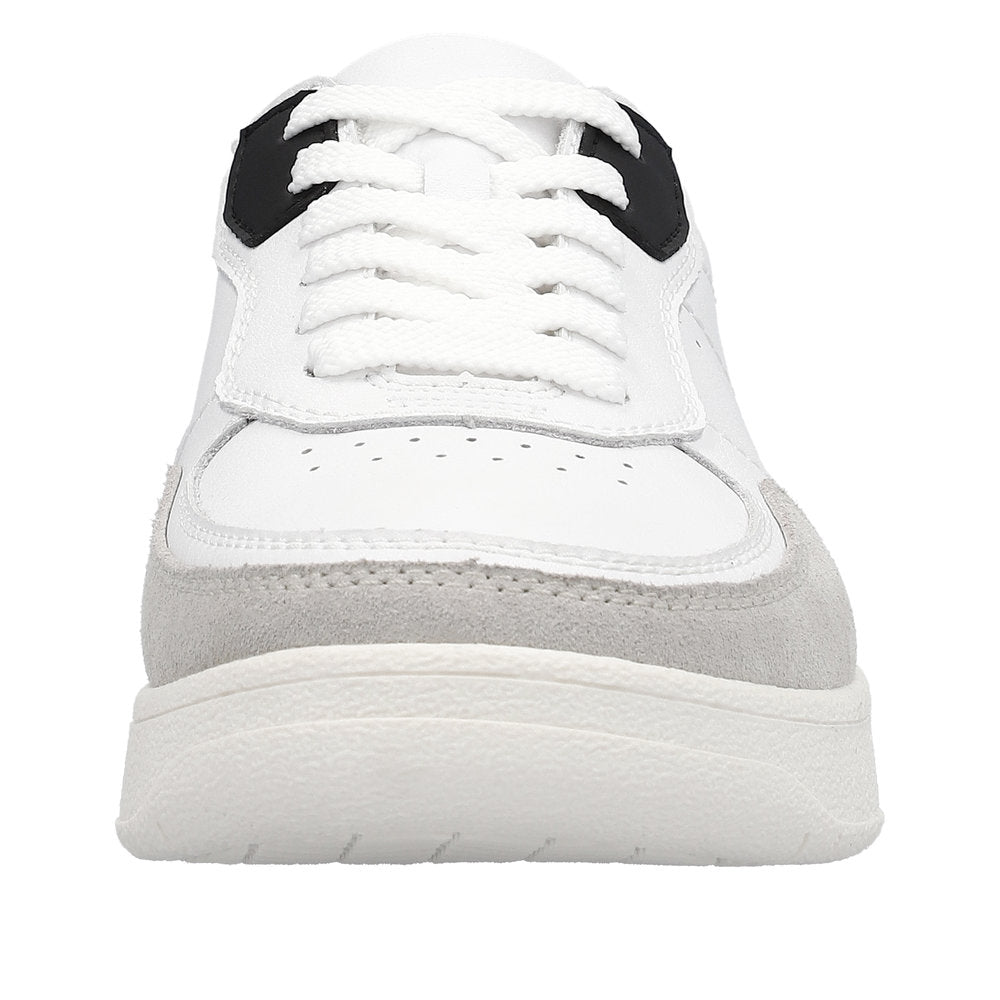 Front view of a white sneaker with white laces and a gray suede toe.
