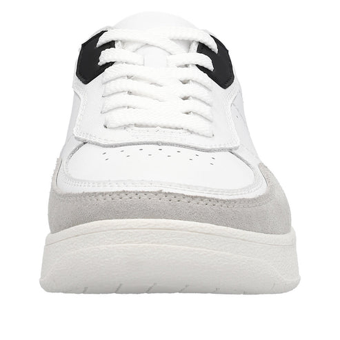Front view of a white sneaker with white laces and a gray suede toe.