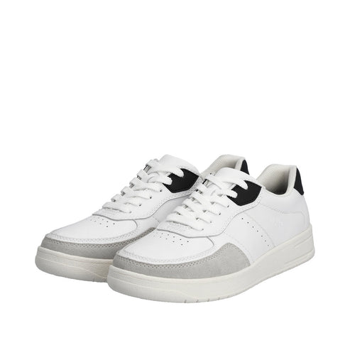 Low-top white sneakers with grey suede toe and heel accent, black heel.