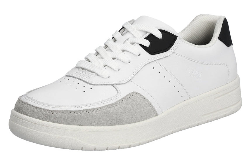 White sneaker with grey suede toe and black heel.