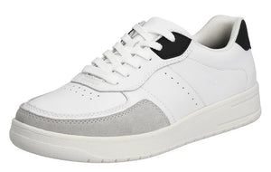 White sneaker with grey suede toe and black heel.