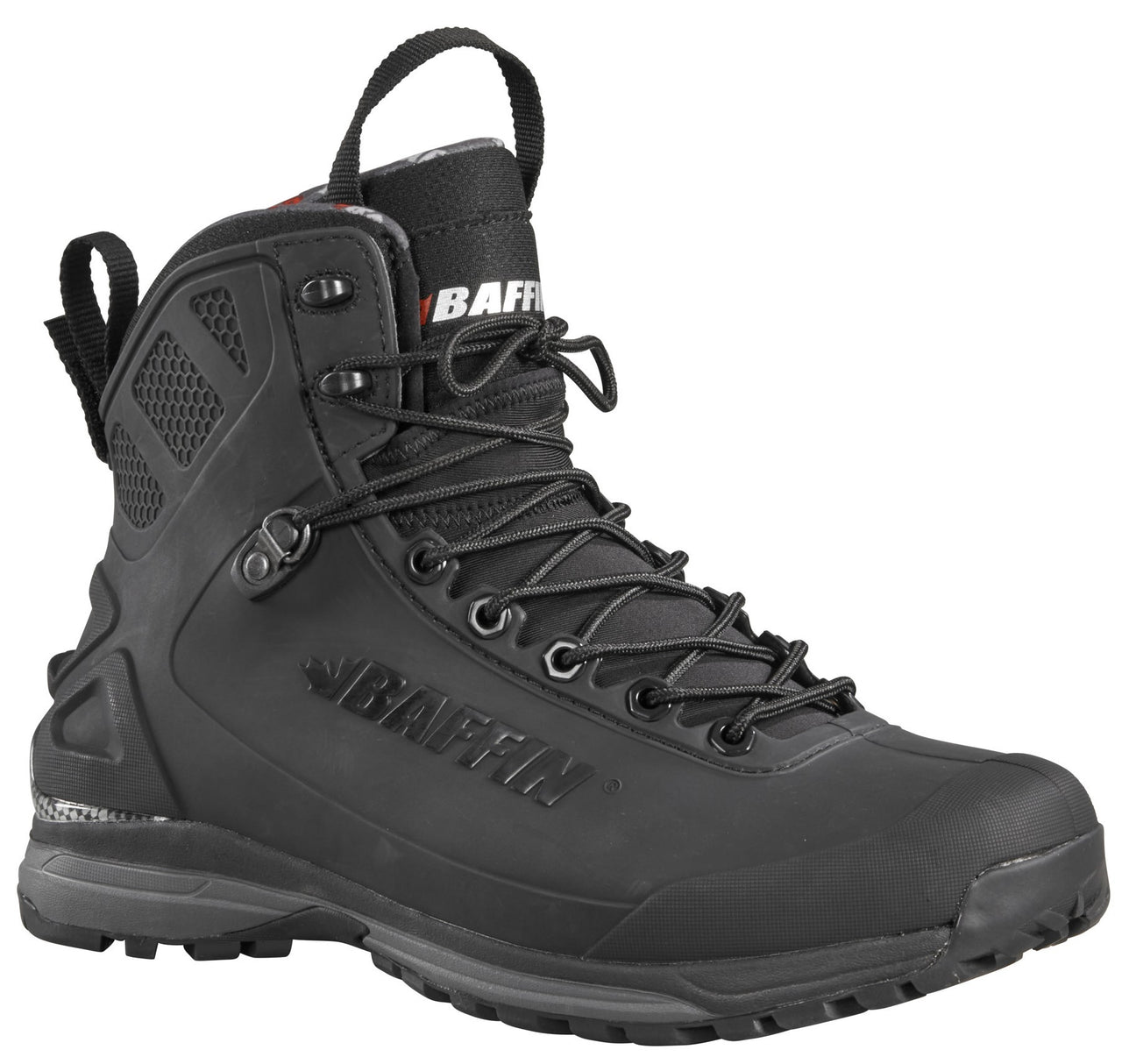 Black high-top hiking boot with black laces and pull loops on the heel and tongue. Visible text on the side reads "BAFFIN".