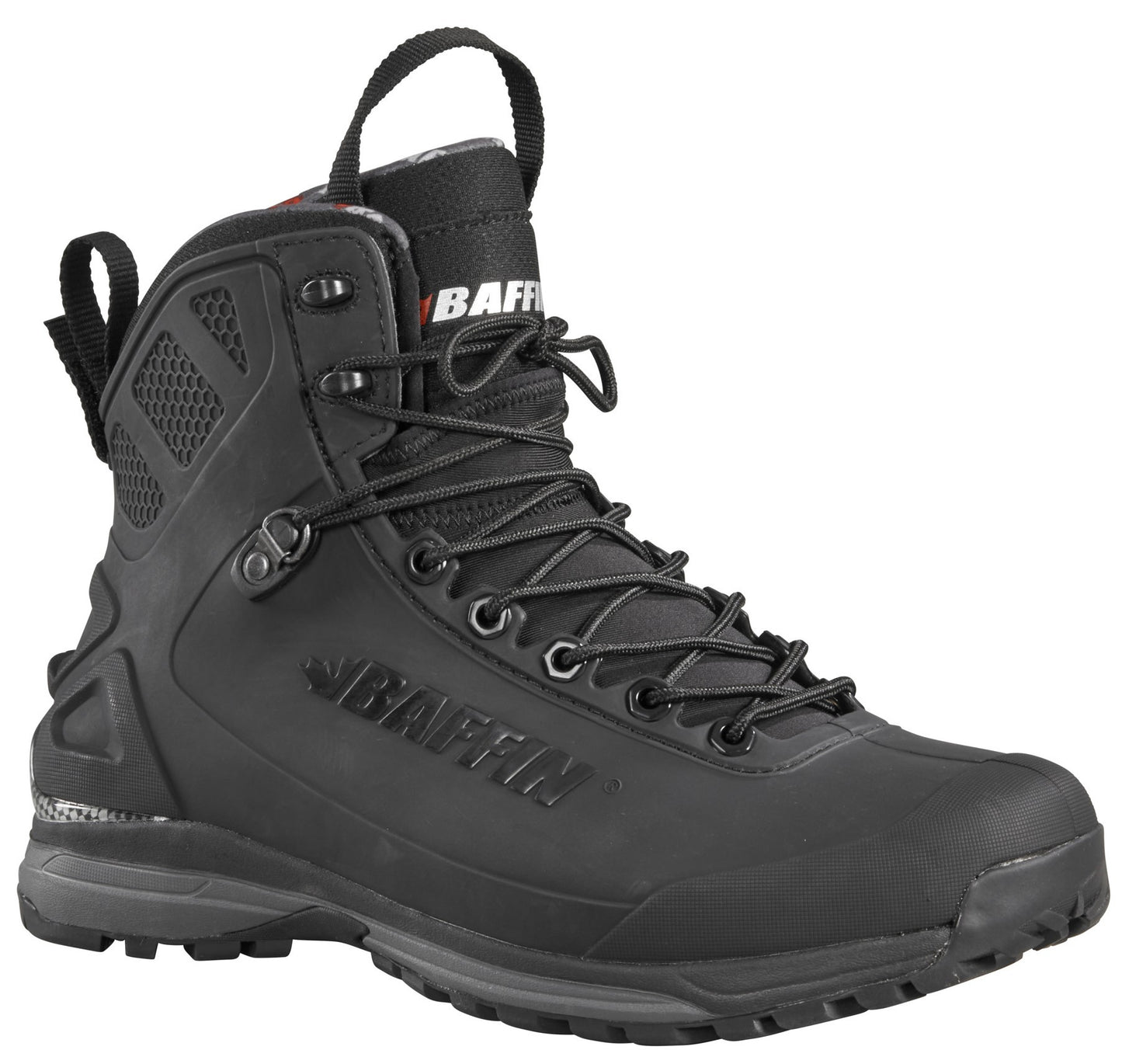 Black high-top hiking boot with black laces and pull loops on the heel and tongue. Visible text on the side reads "BAFFIN".