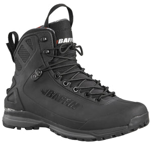 Black high-top hiking boot with black laces and pull loops on the heel and tongue. Visible text on the side reads "BAFFIN".