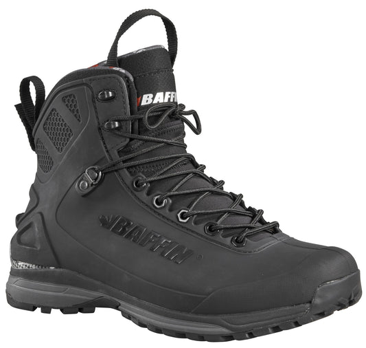 Black high-top hiking boot with black laces and pull loops on the heel and tongue. Visible text on the side reads "BAFFIN".