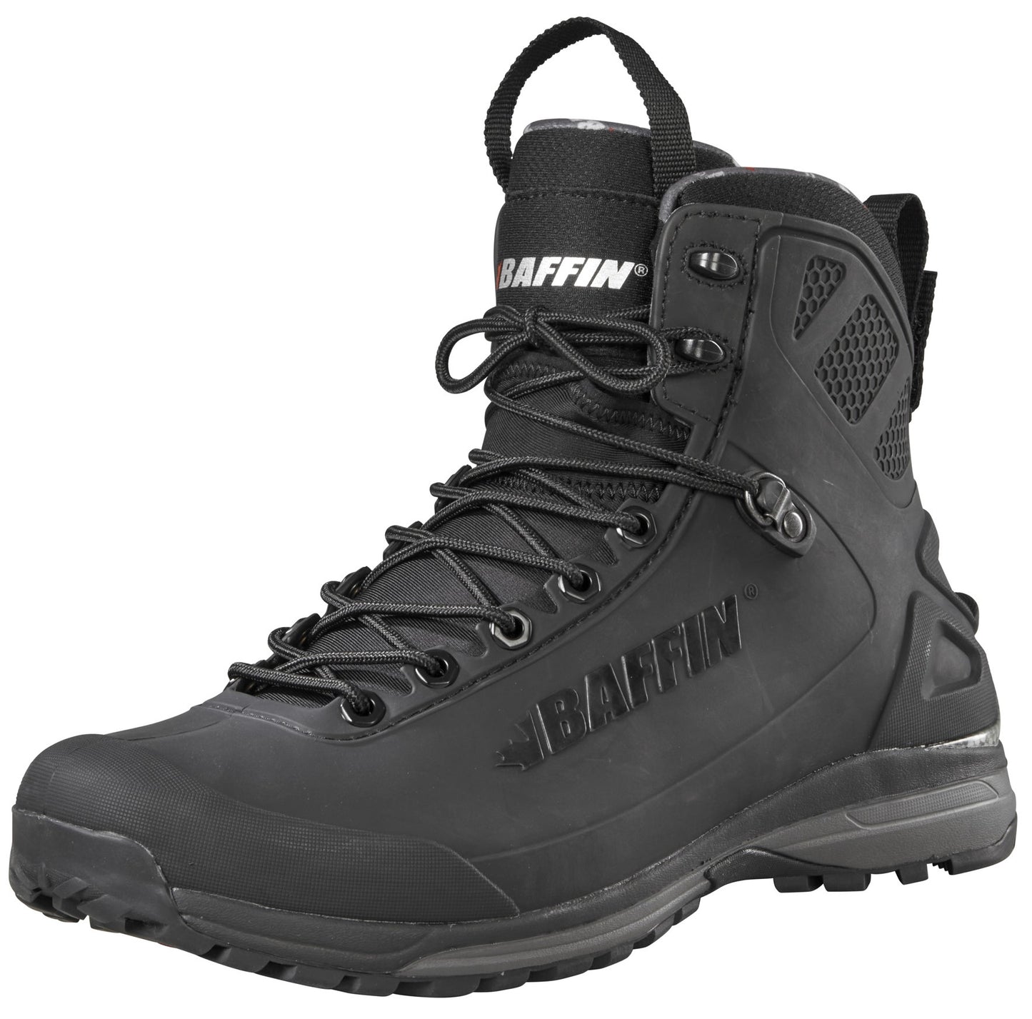 Black high-top hiking boot with laces and a pull loop.