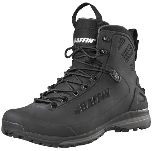 Black high-top hiking boot with laces and a pull loop.