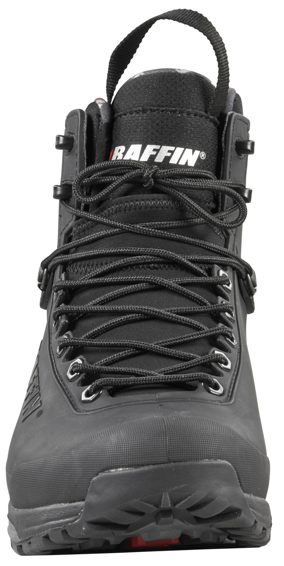 Black boot featuring eyelets and laces, and a fabric loop.