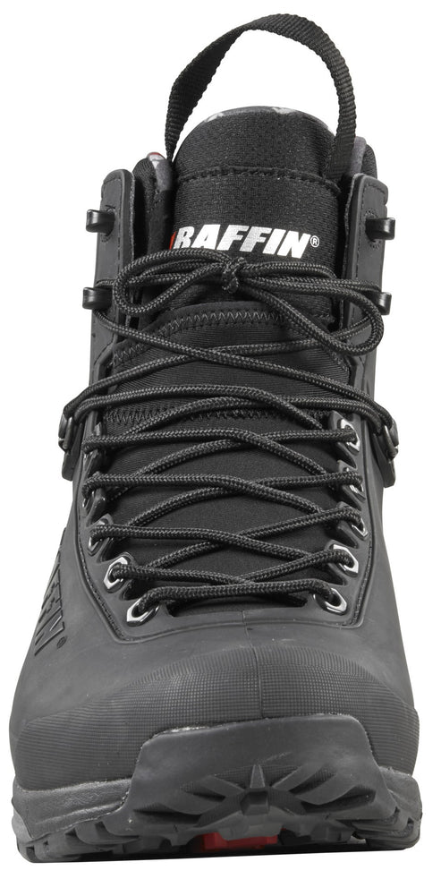 Black boot featuring eyelets and laces, and a fabric loop.