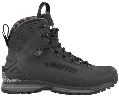 High-cut black hiking boot with laces, treaded sole, and a heel loop.