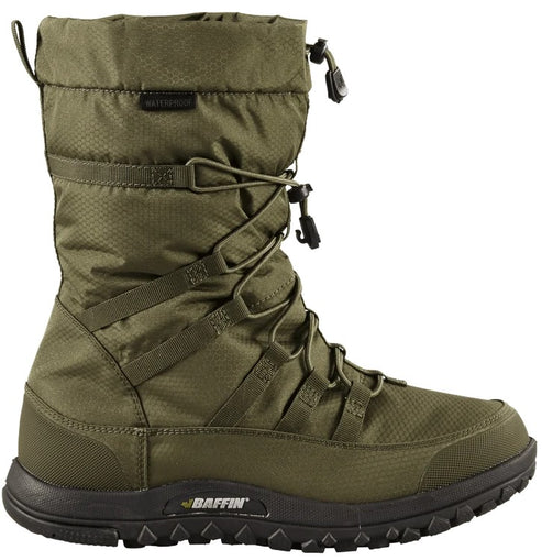 An olive green waterproof winter boot with a mid-calf height, featuring a textured synthetic upper, a toggle lacing system, and a black, rugged treaded sole with the brand name Baffin visible on the heel.