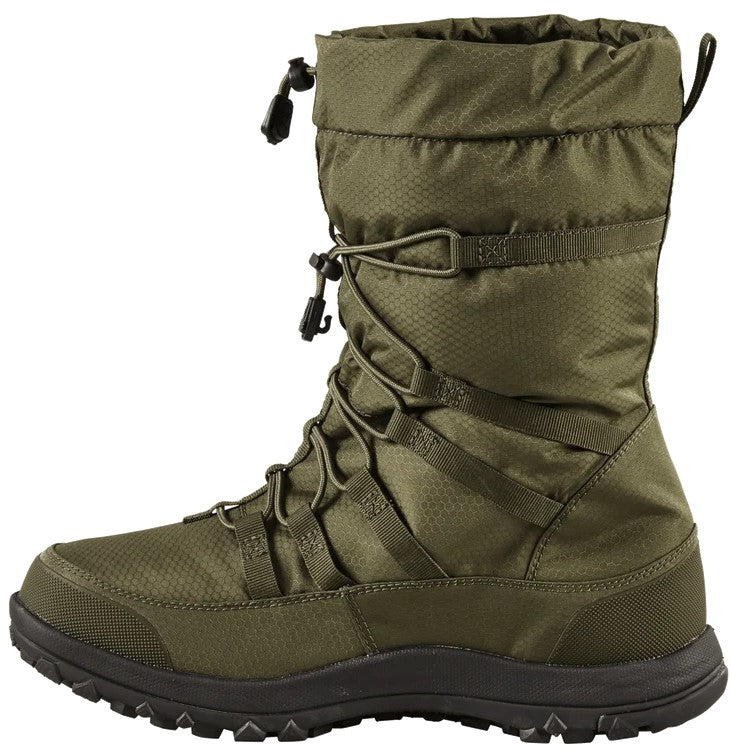 A side view of a mid-calf olive green winter boot with a quilted nylon upper, thick black rubber sole with a rugged tread, and a front lace-up closure with toggles.