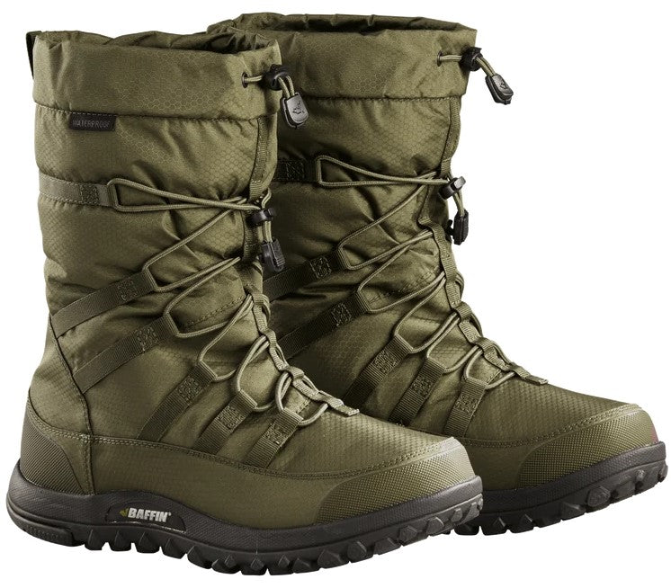 A pair of olive green, mid-calf winter boots with lace-up closures, a drawstring at the top of the shaft, and chunky, textured black rubber soles, featuring a visible "Baffin" logo on the side of the heel.