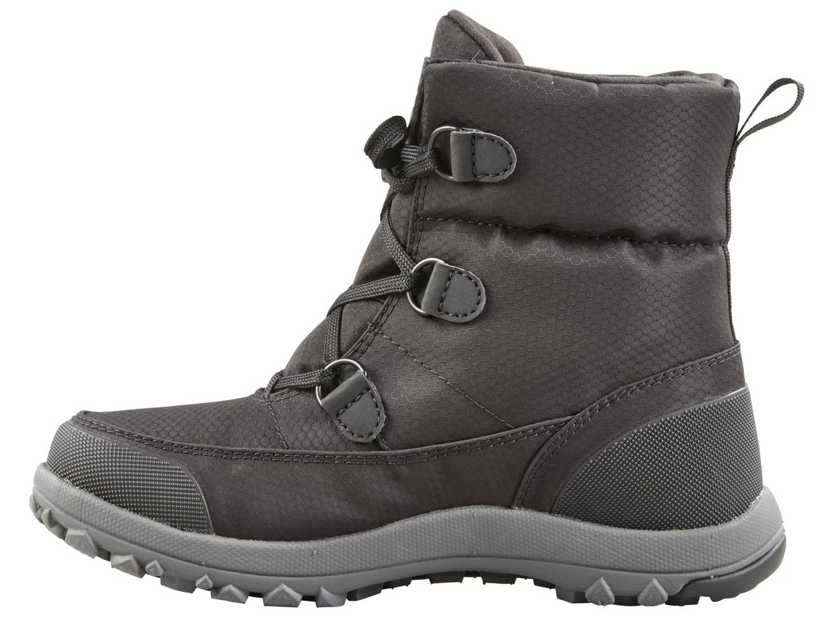 A charcoal gray, mid-calf length, quilted winter boot with a lugged gray rubber sole, a toggle lacing system, and a heel pull loop.