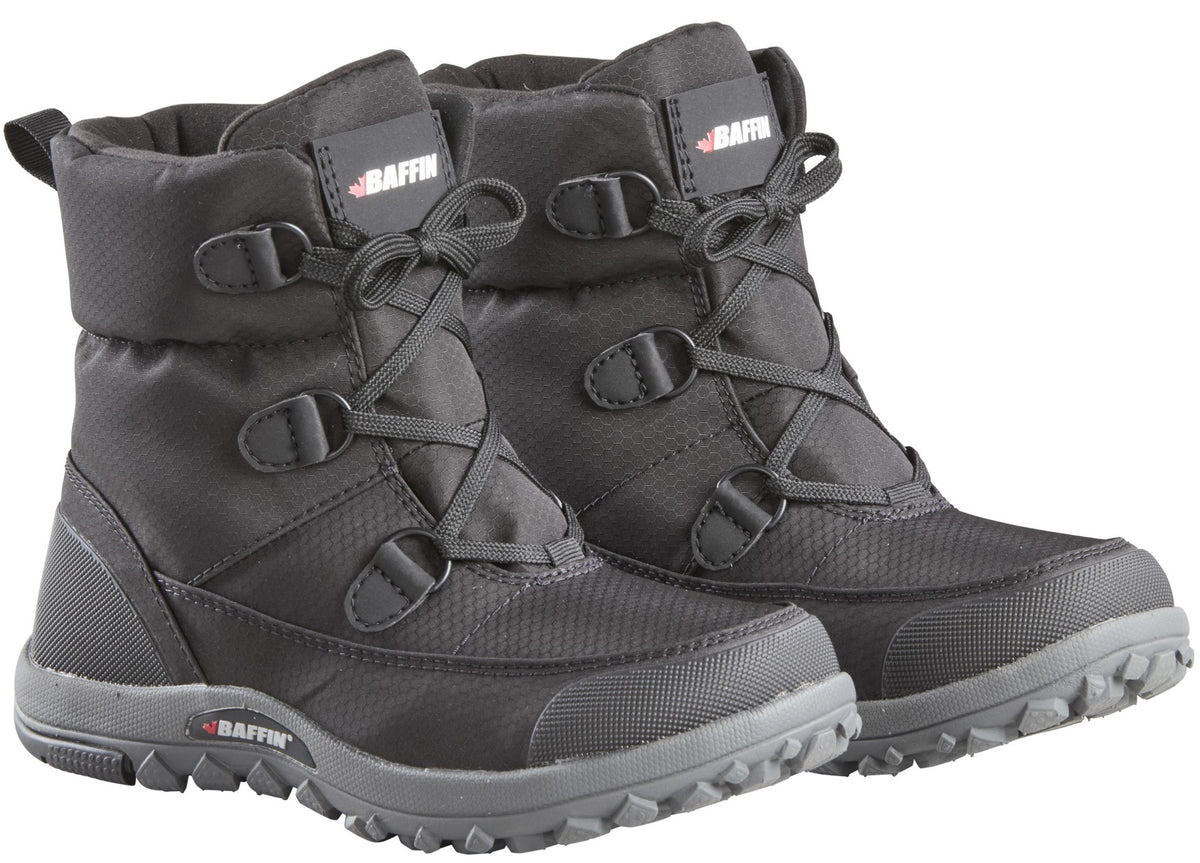 A pair of black Baffin winter boots with dark grey soles and laces.