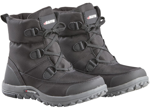 A pair of black Baffin winter boots with dark grey soles and laces.