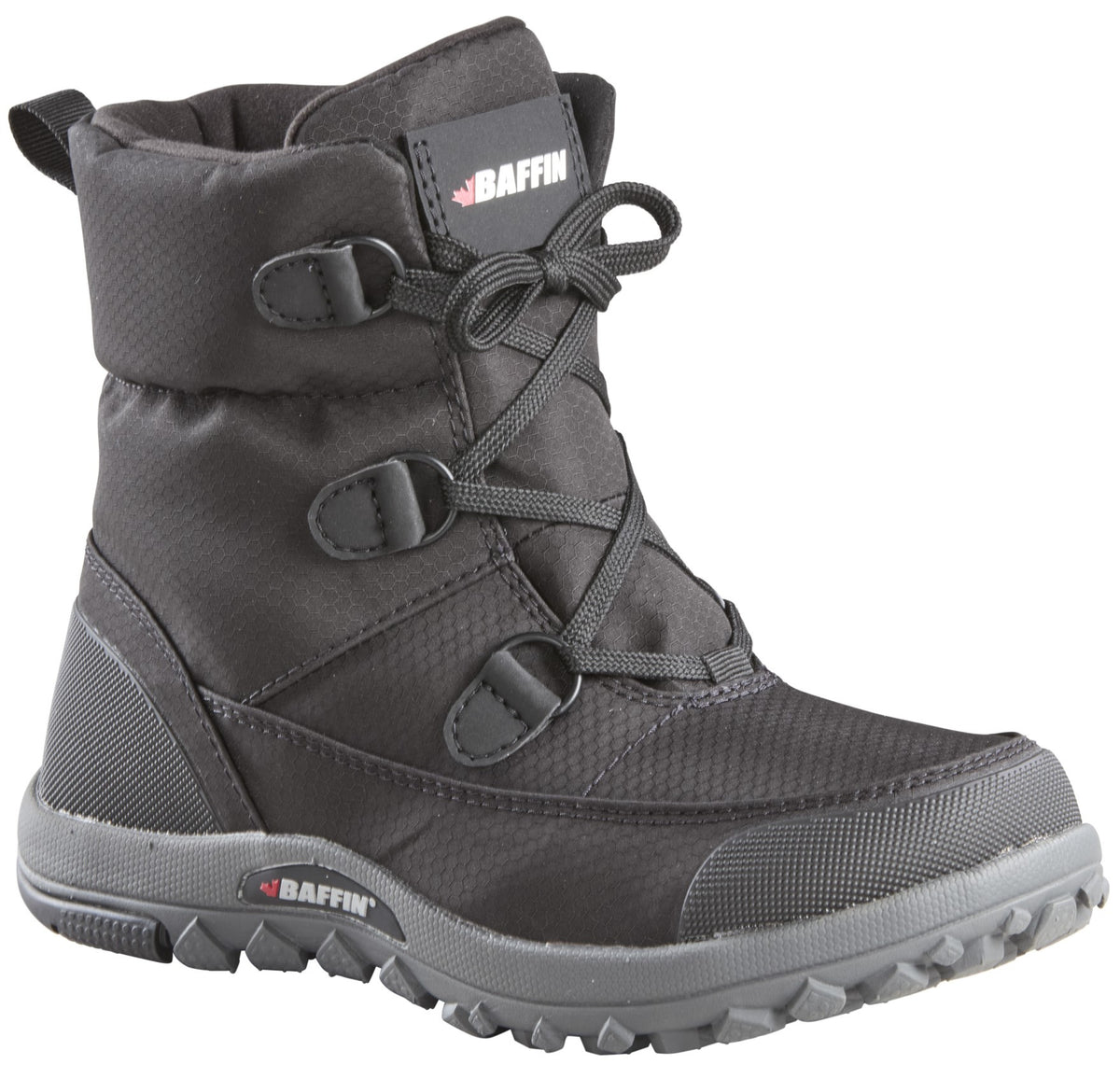 A black Baffin winter boot with a mid-calf height, fabric upper, lace-up front closure, and a grey rubber outsole with deep lugs.