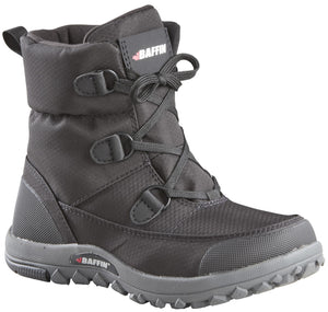 A black Baffin winter boot with a mid-calf height, fabric upper, lace-up front closure, and a grey rubber outsole with deep lugs.