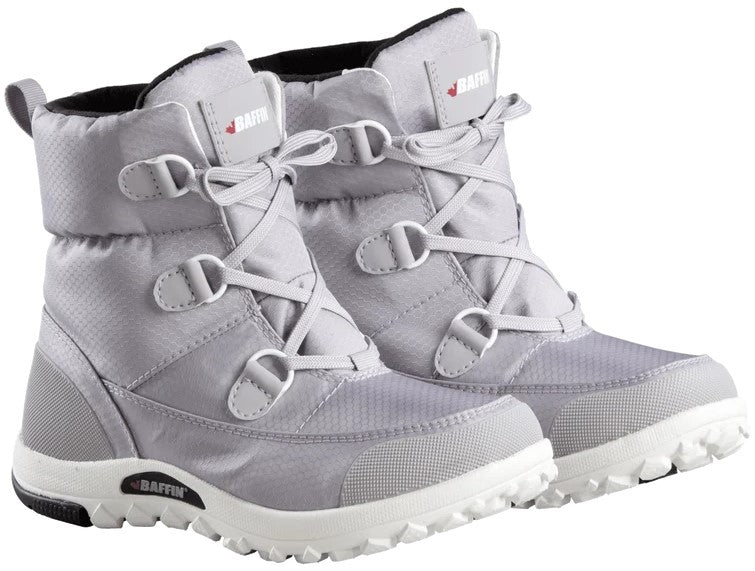 A pair of grey, mid-calf lace-up winter boots with white rugged soles and visible 'BAFFIN' branding on the tongue and side of the sole.