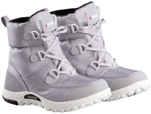 A pair of grey, mid-calf lace-up winter boots with white rugged soles and visible 'BAFFIN' branding on the tongue and side of the sole.