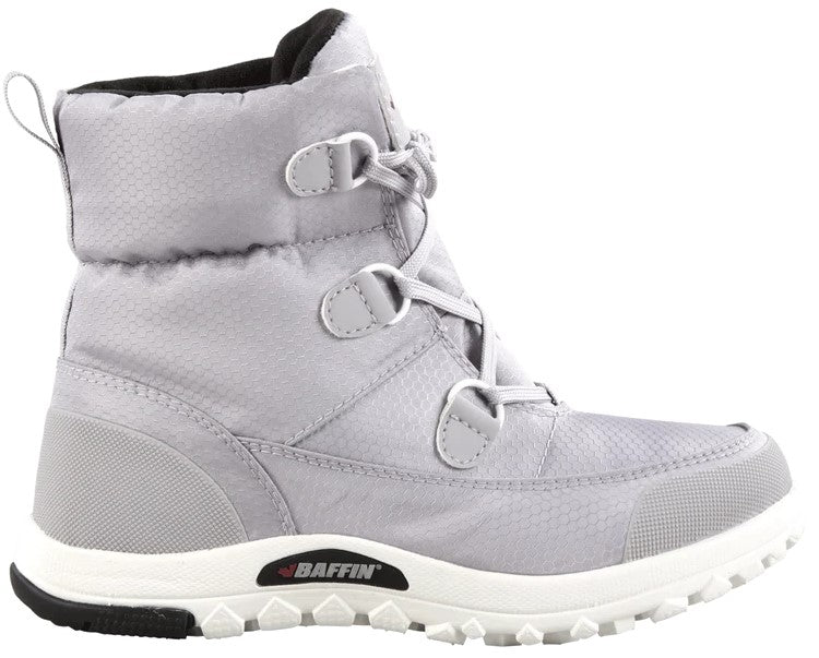 A light grey, mid-calf winter boot with a synthetic upper, white textured midsole, and a black and white rubber lugged outsole, featuring a D-ring lace-up closure system and the word Baffin printed on the side of the sole.