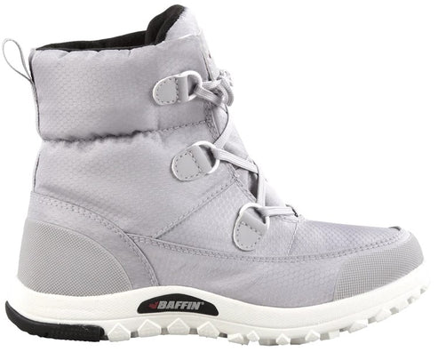 A light grey, mid-calf winter boot with a synthetic upper, white textured midsole, and a black and white rubber lugged outsole, featuring a D-ring lace-up closure system and the word Baffin printed on the side of the sole.
