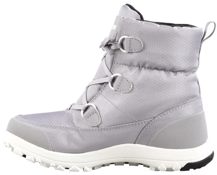 A light grey, ankle-high winter boot with a quilted nylon upper, white laces threaded through metallic loops, a textured synthetic toe and heel cap, and a thick, white, lugged rubber sole.