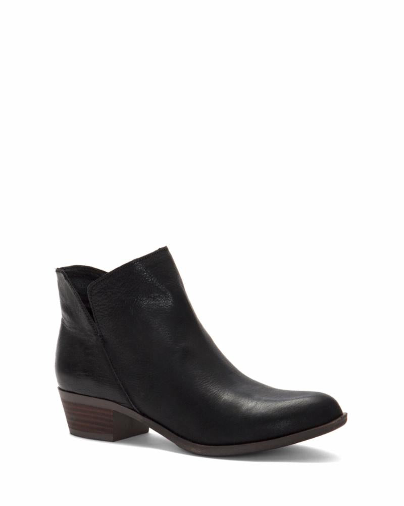 Black leather ankle boot with a low heel and v-cut opening.