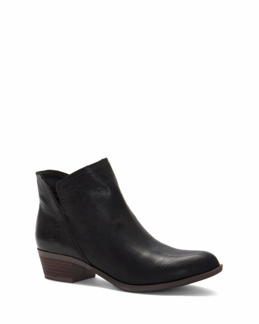 Black leather ankle boot with a low heel and v-cut opening.