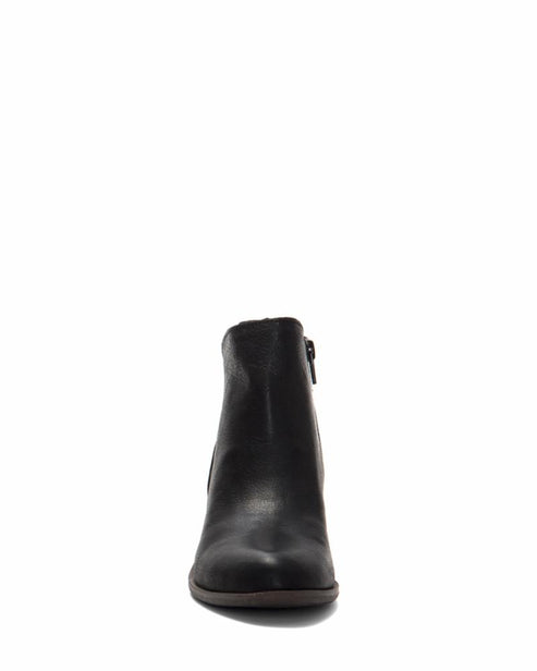 Front view of a black ankle boot with a side zipper.