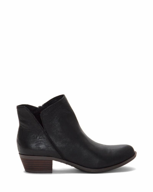 Black ankle boot with low block heel.