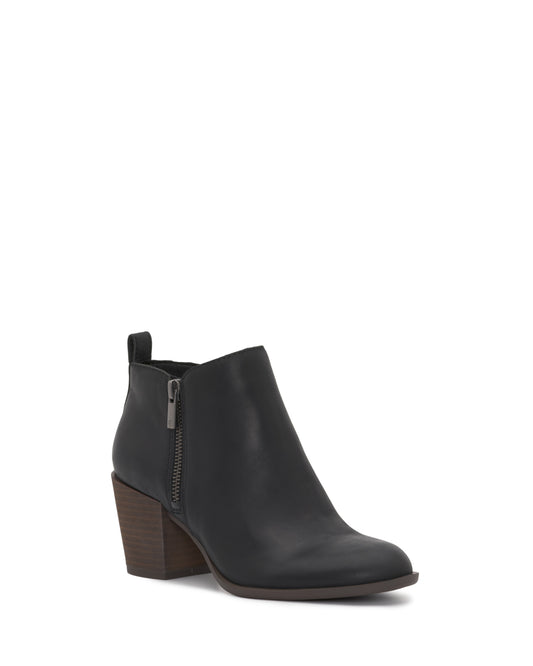 Black ankle boot with a side zipper and block heel.
