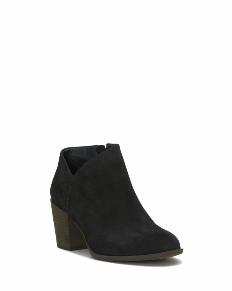 Black ankle boot with block heel and side zipper.