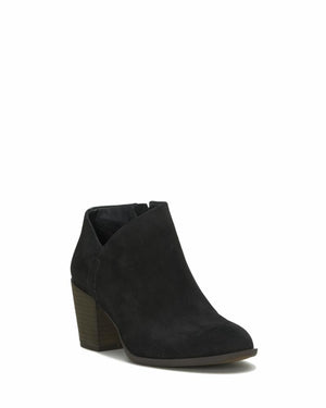 Black ankle boot with block heel and side zipper.