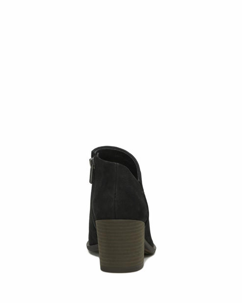 Black ankle boot with block heel and side zipper, rear view.