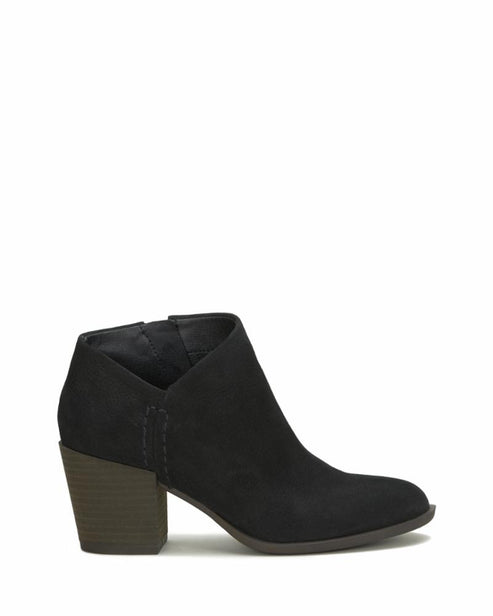 Black ankle boot with chunky heel and side zipper.