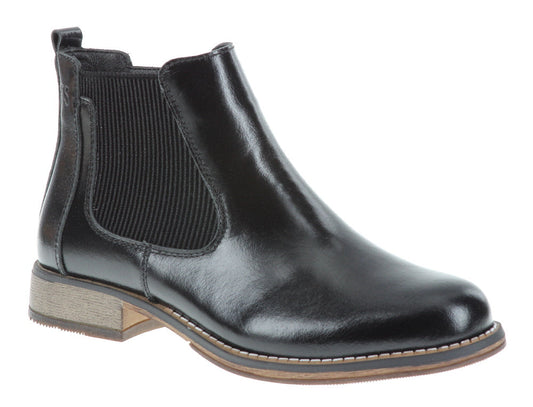 Black leather ankle boot with elastic sides and a low heel.