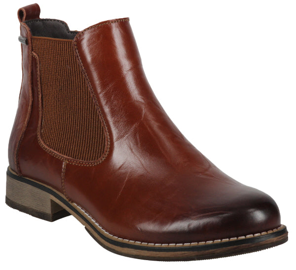 Brown leather Chelsea boot with elastic side panel and low block heel.